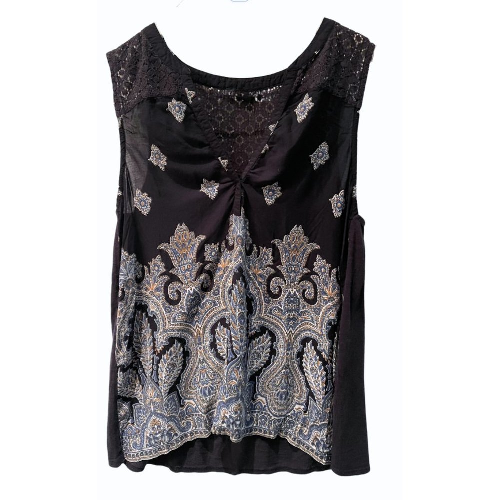LUCKY BRAND PAISLEY BORDER & CROCHET LACE TOP IN DEEP NAVY BLACK, SLEEVELESS M